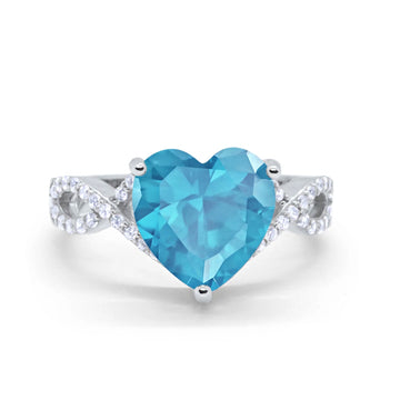 Art Deco Heart Promise Twisted Shank Simulated Aquamarine CZ Wedding Ring 925 Sterling Silver